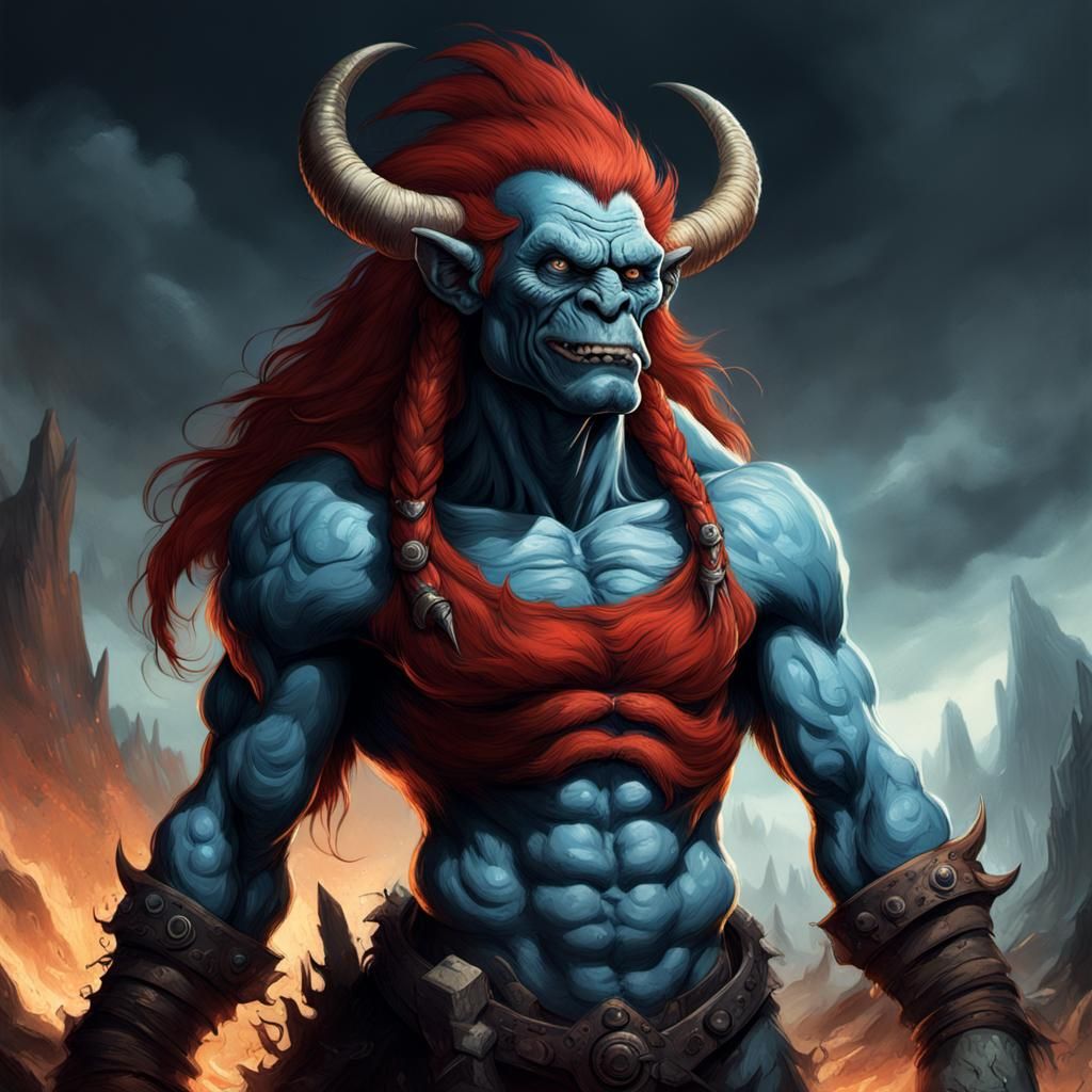 Giant Red-Haired Troll with Horns: Horror Illustration