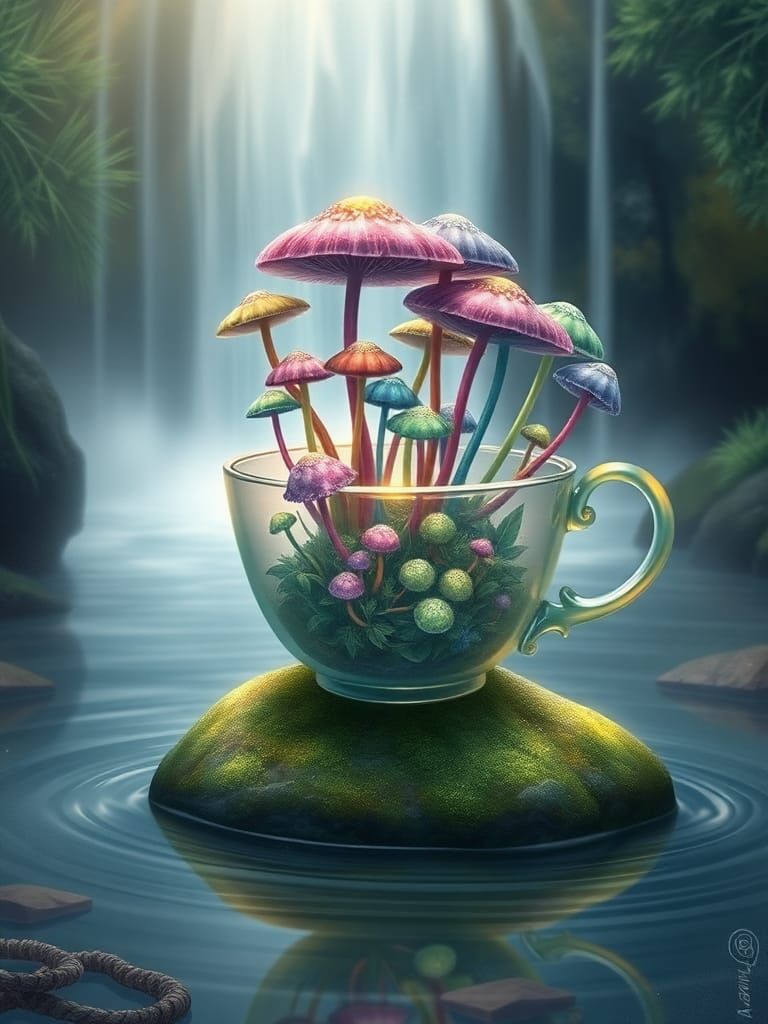 Glowing Teacup Forest in Dreamy Waterfall Scene