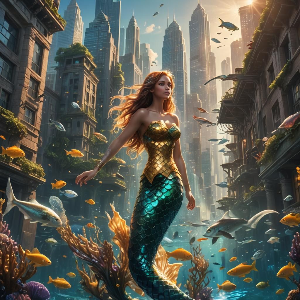 Mermaid Views Underwater City in Hyperrealistic Style