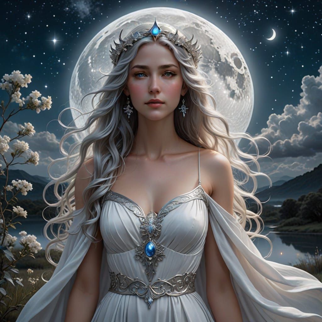 Serene Goddess Under Full Moon in a Starry Night Sky