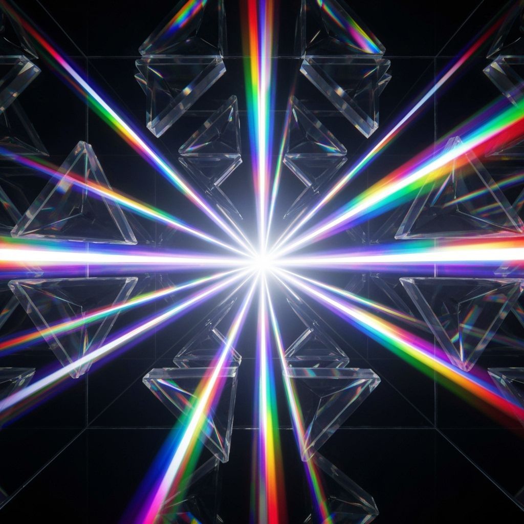 Laser Light Refracting Through Glass Prisms in Mirrored Box