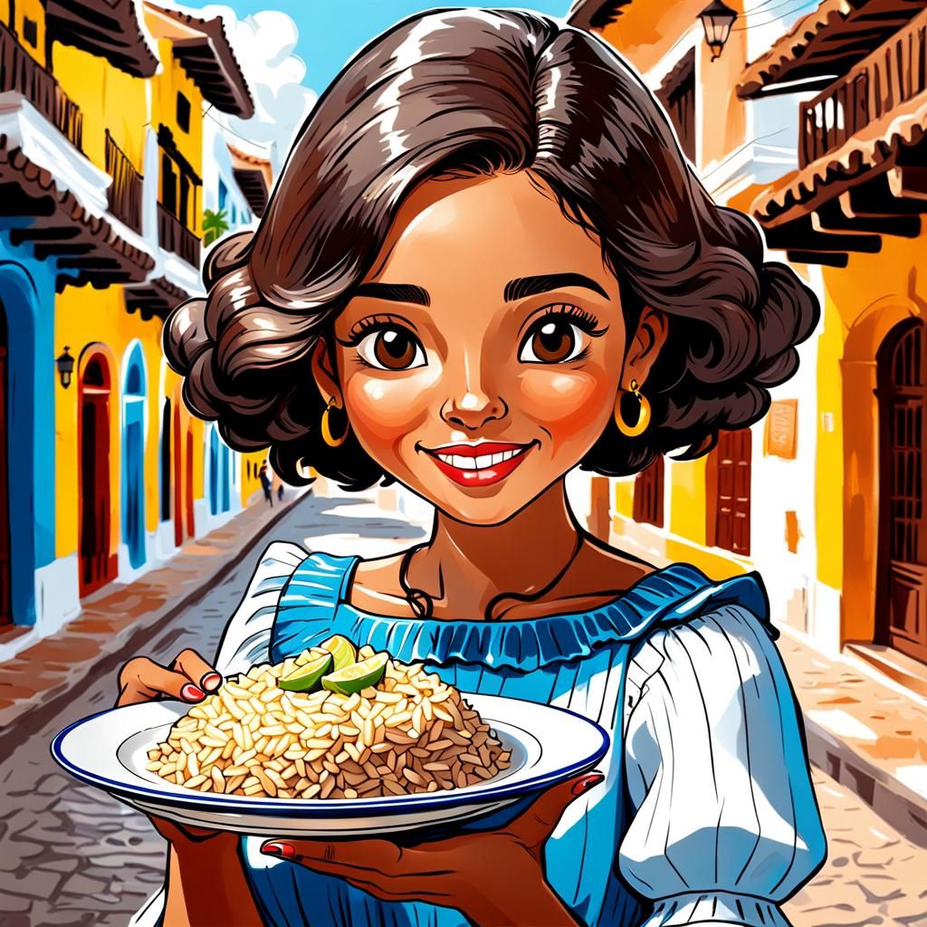 Colombian Girl Enjoying Coco Rice in Cartagena Illustration