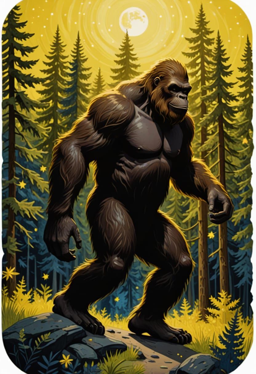 Bigfoot in the Woods Under Yellow Moon