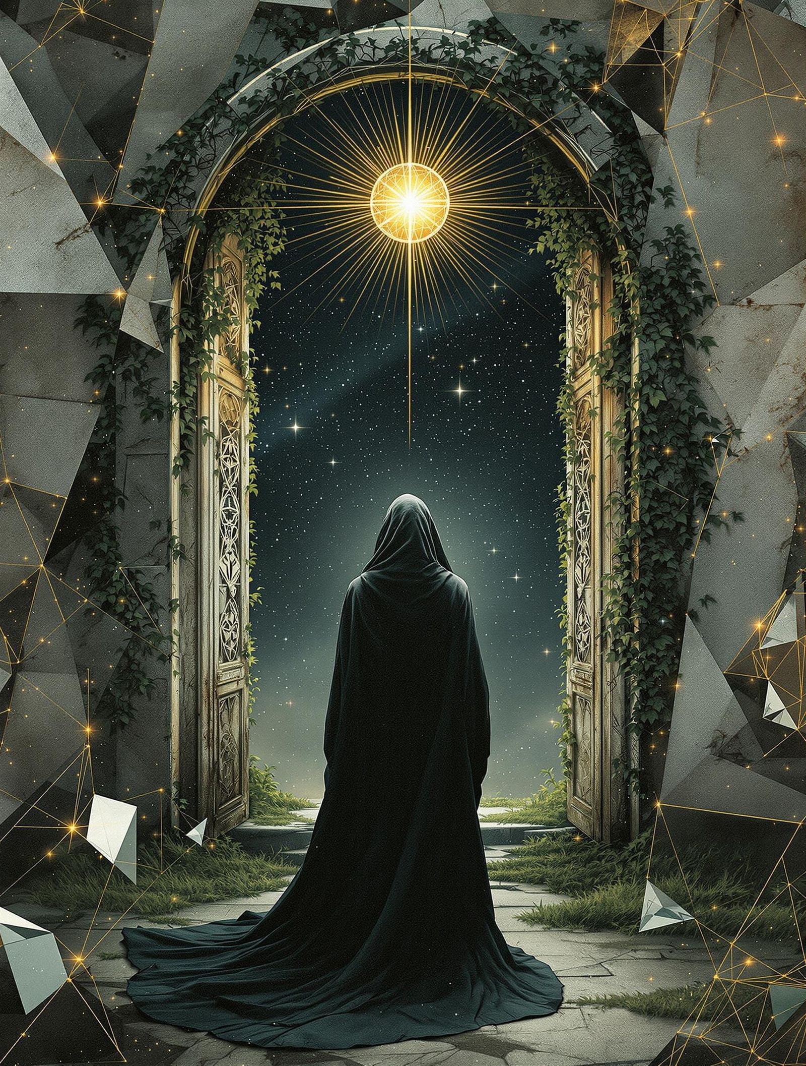 Digital Collage of a Solemn Figure in a Cosmic Setting