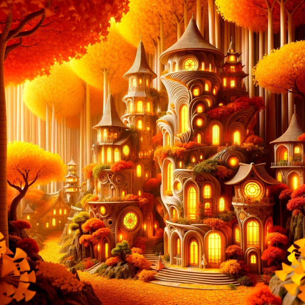 Enchanting Fairy Village in Autumn Art Nouveau Style
