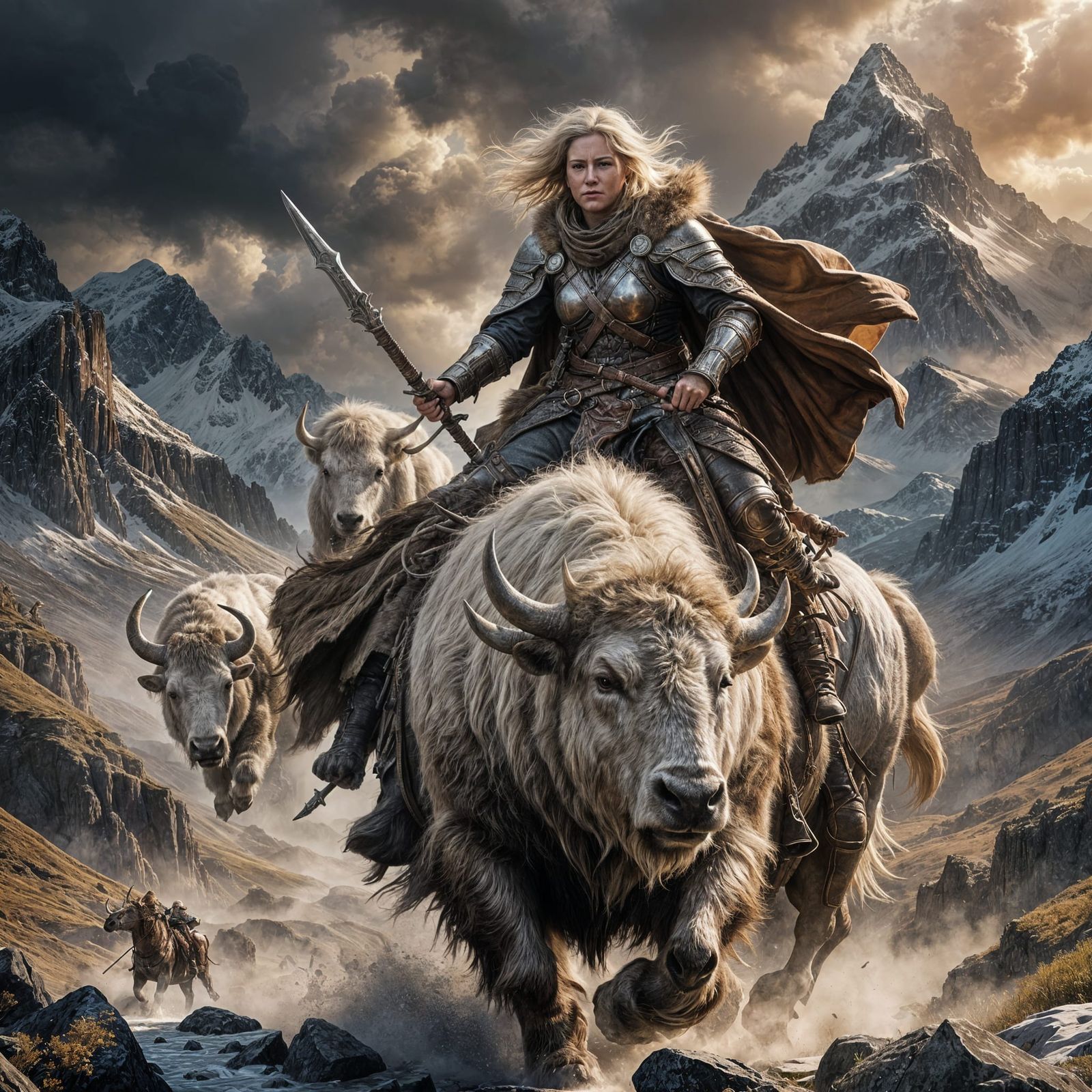 Woman Warrior on Bison in Stormy Landscape