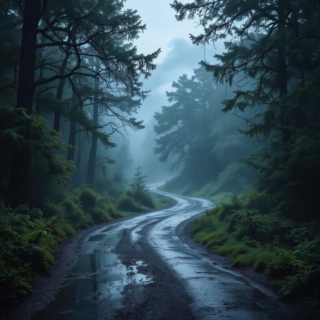 Gloomy Forest Path in Heavy Rain at Dusk