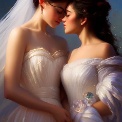 Two Women Kissing: Neo-Impressionist Engagement Portrait