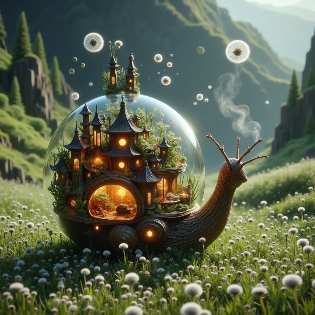 Radiant Bottle Mansion on a Snail's Back, Surrounded by Glow...