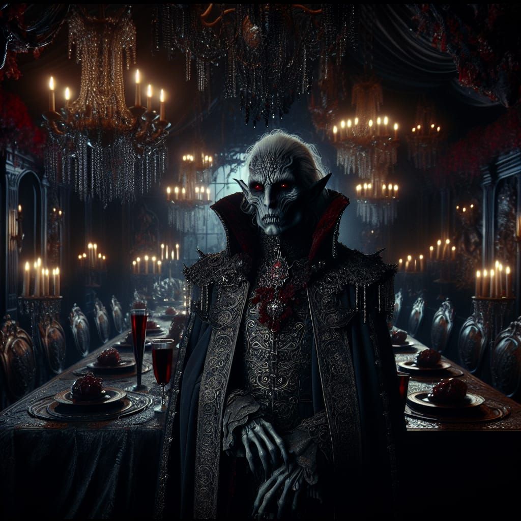 Dark Fantasy Vampire in Opulent Dining Room
