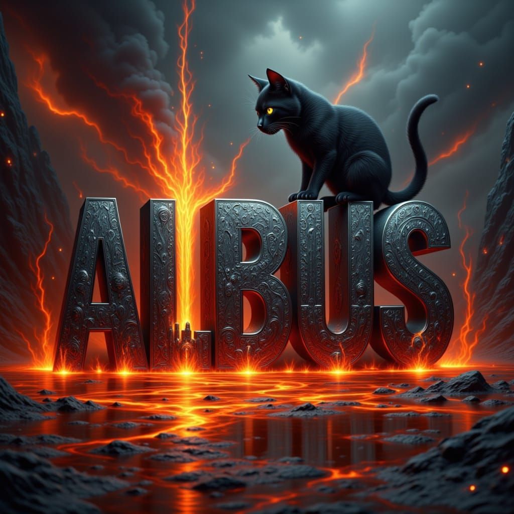 Dark Fantasy Cat Breathes Fire on Lava Lake