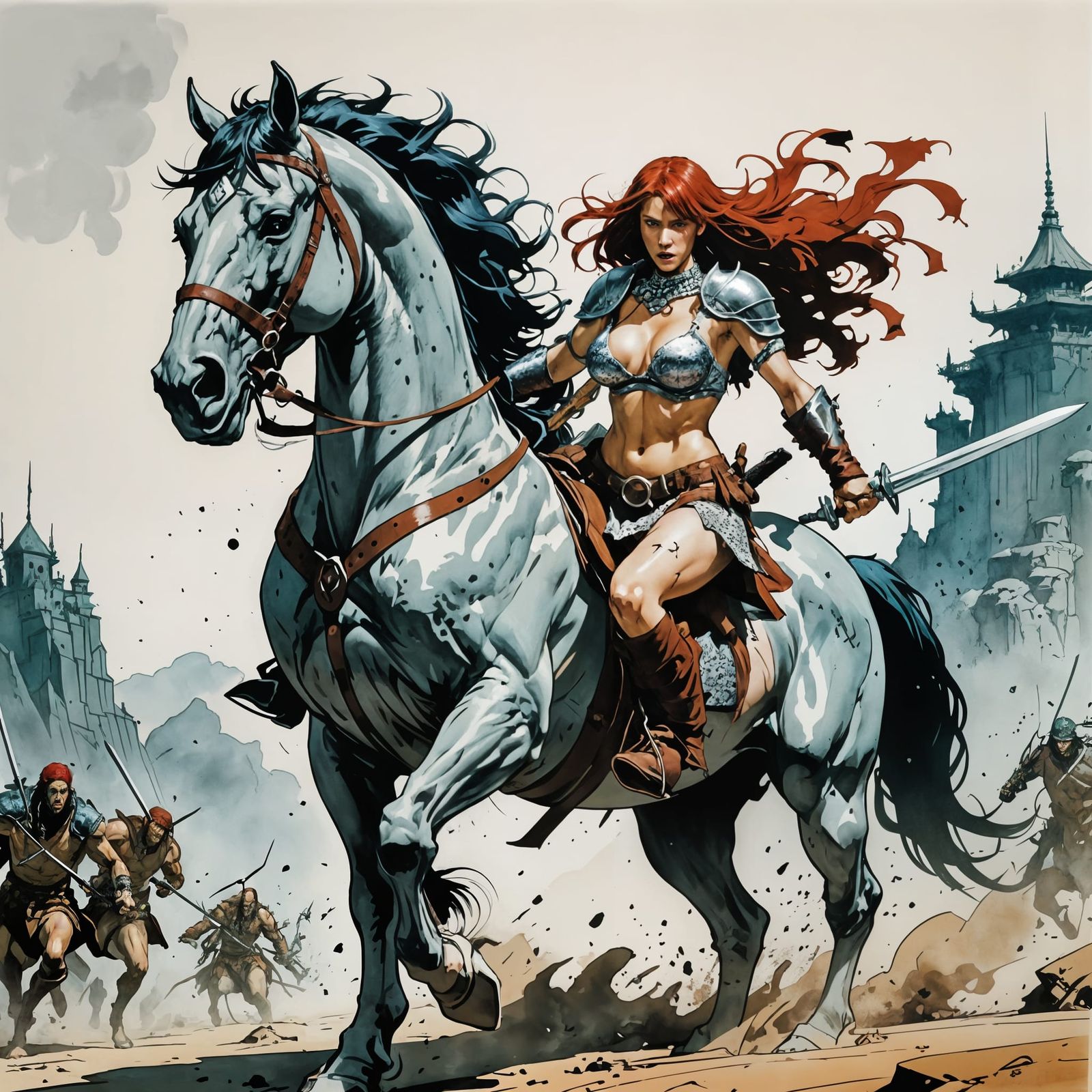 Red Sonja Rides a Giant Horse in Comic Book Style