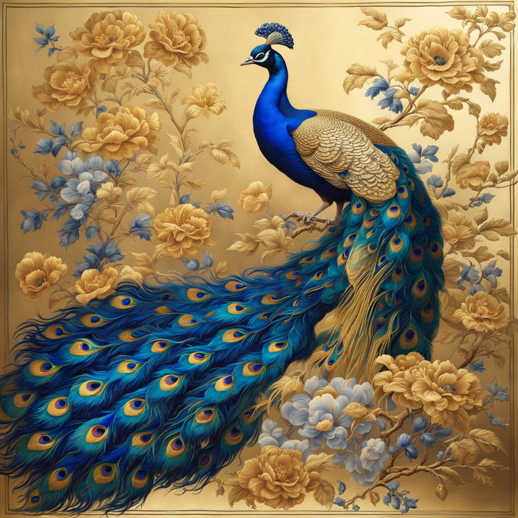 Flowers and a peacock, shining gold and blue silk, beautiful...