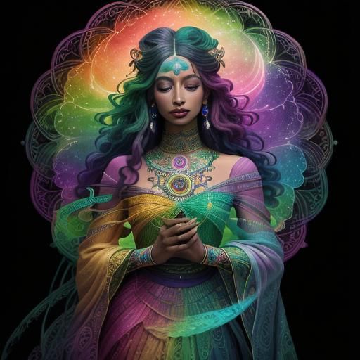 Cosmic Woman with Rainbow Skin in Astral Art Style
