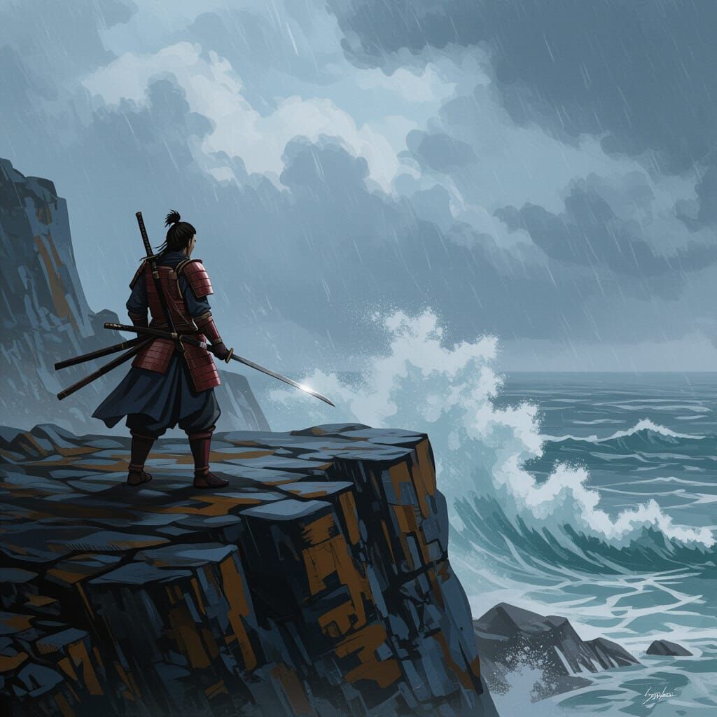 Samurai Warrior on Stormy Cliff Edge