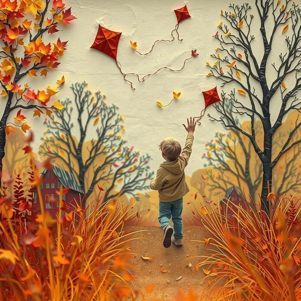 Father and Son's Autumn Kite Flight: Paper Collage Art
