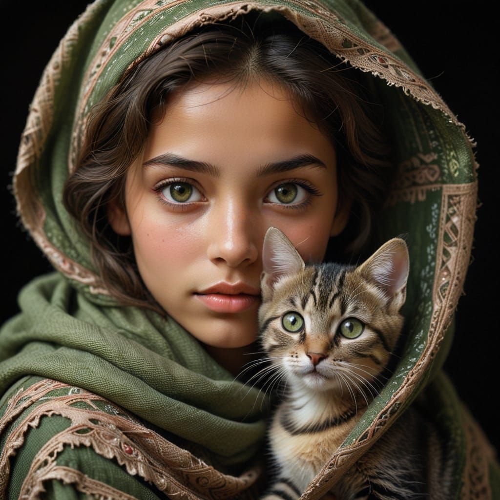 Tender Portrait of Girl and Kitten in Digital Painting Style