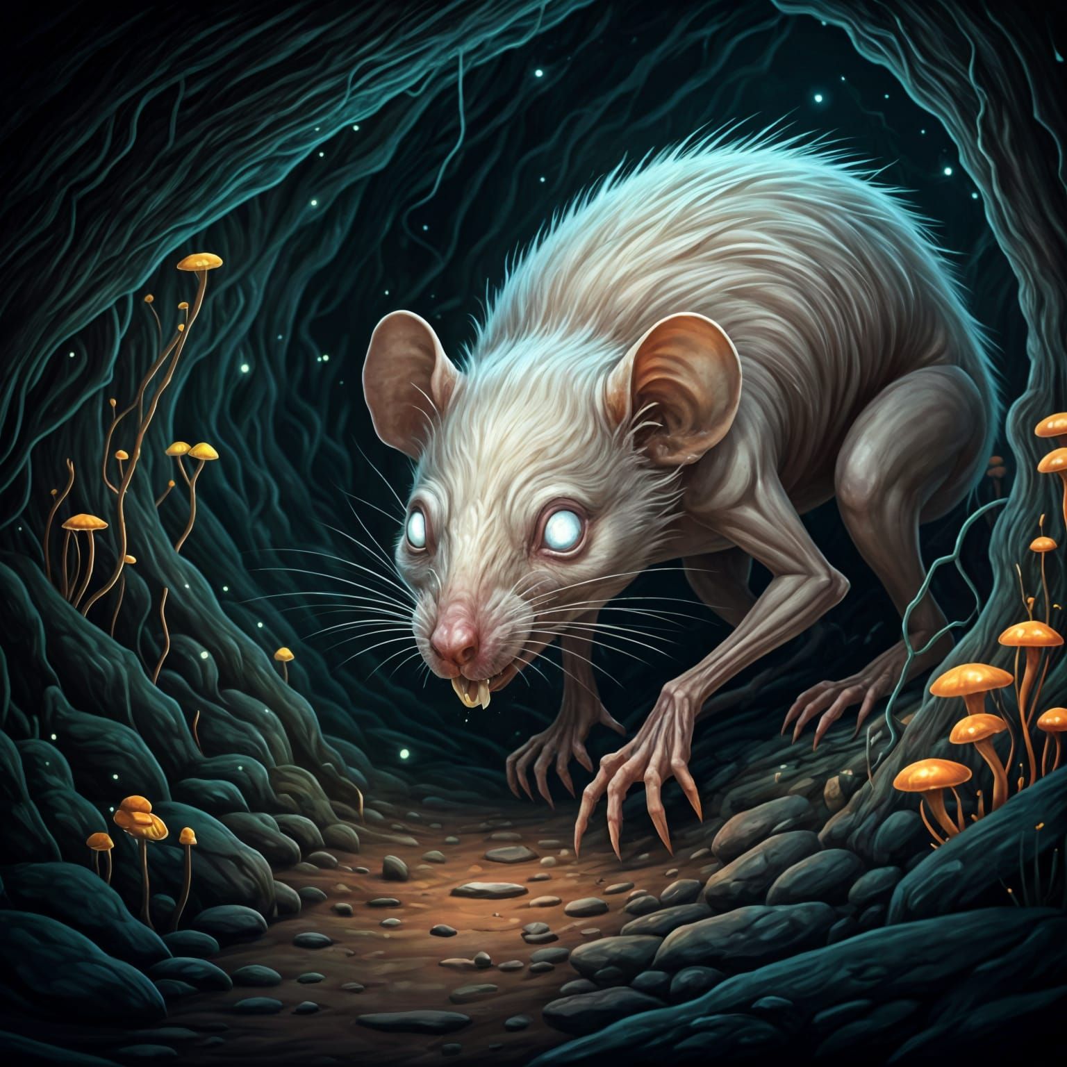 Grotesque Albino Tunneler in Bioluminescent Cave