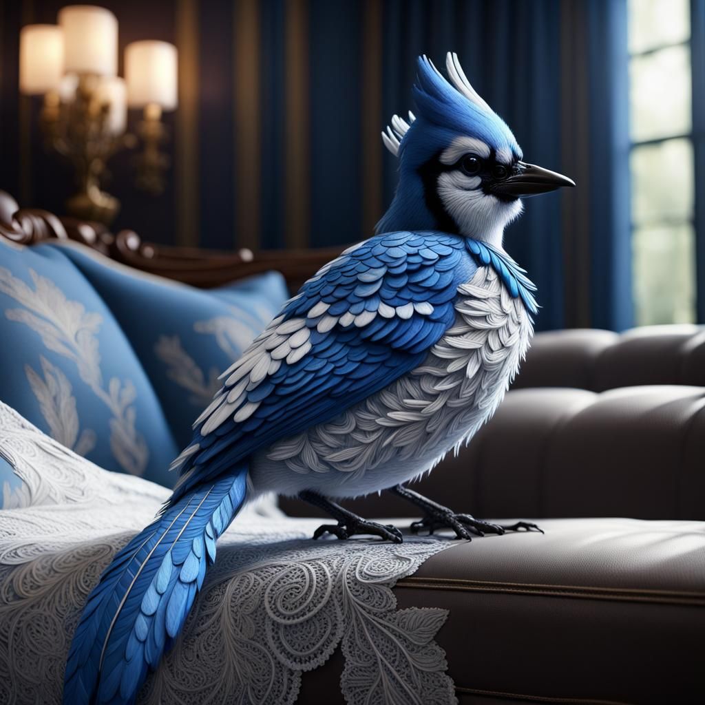 Lace Blue Jay Chick: Intricate Woven Feather Design