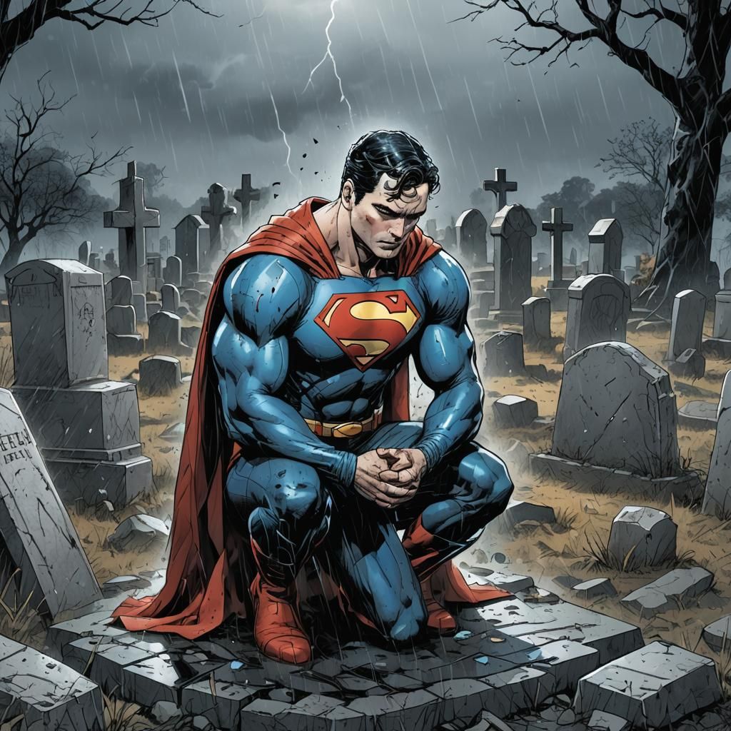 Superman Mourns in a Dark Graveyard Comic