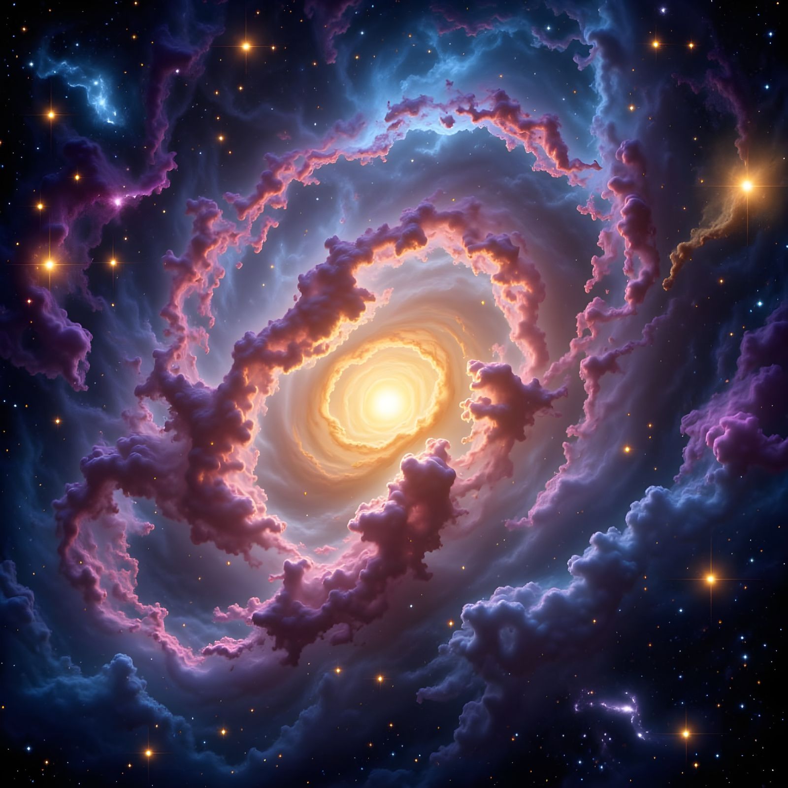 Golden Twilight Galaxy with Brilliant Blues and Purples