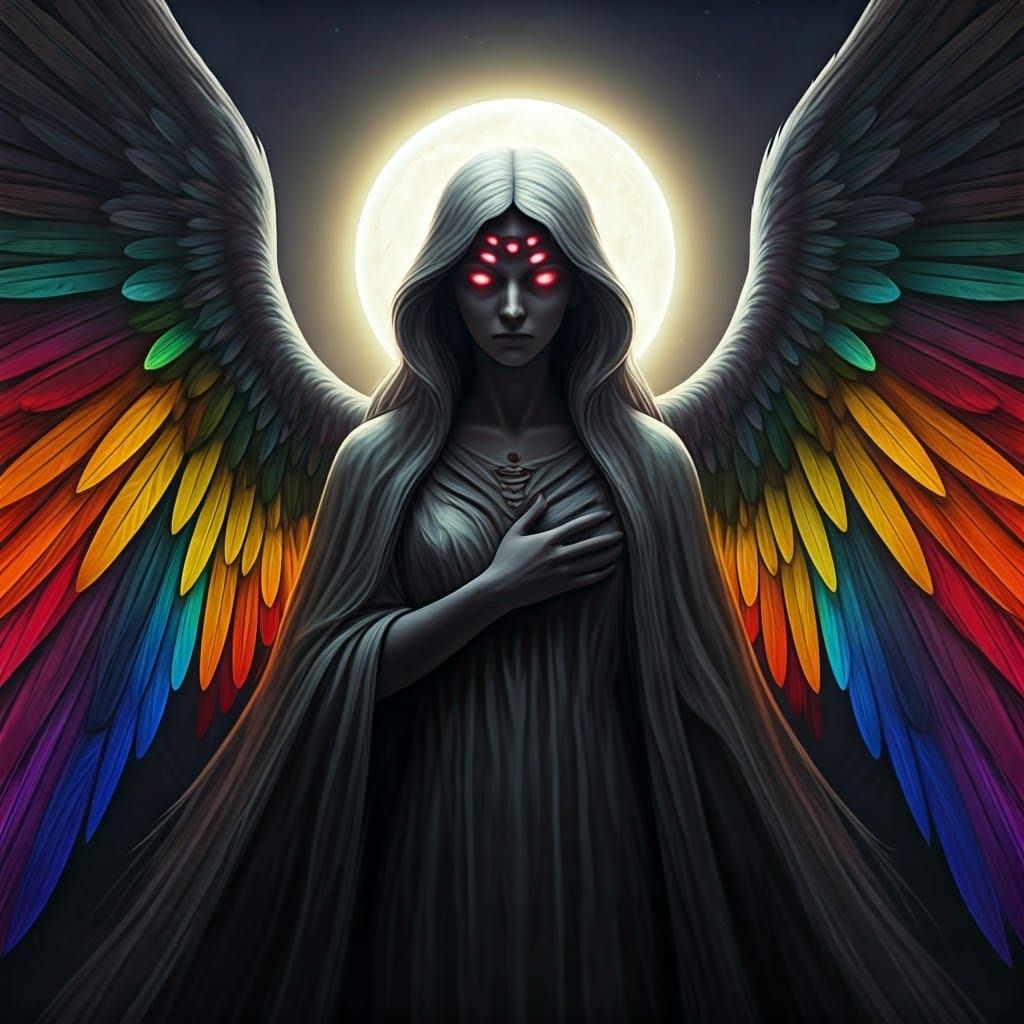 Ethereal Angel with Rainbow Wings, Full Moon Night