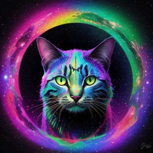 Holographic Cosmic Cat Illustration in Mixed Media