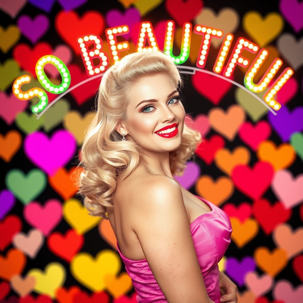 Retro Pin-Up Girl Surrounded by Hearts and Rainbow Letters