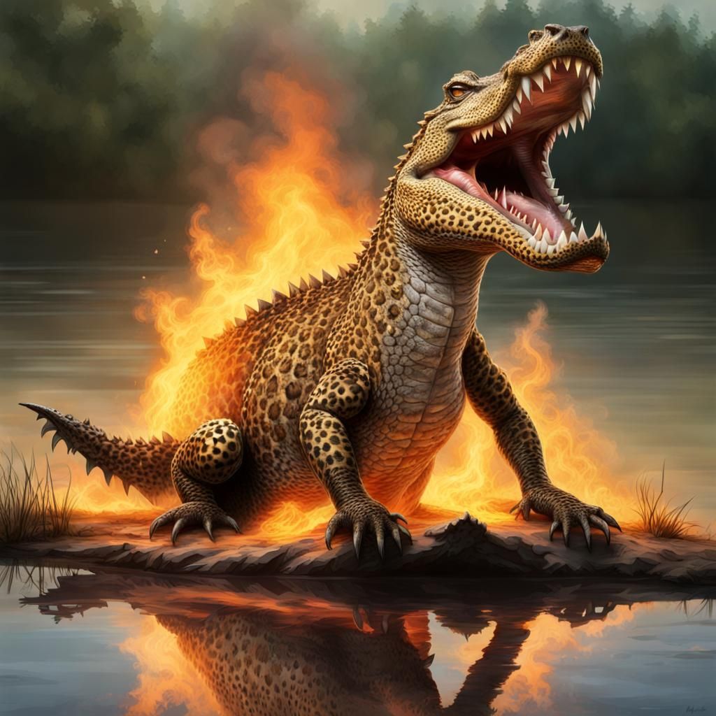 Burning Leopard Crocodile by a Lake