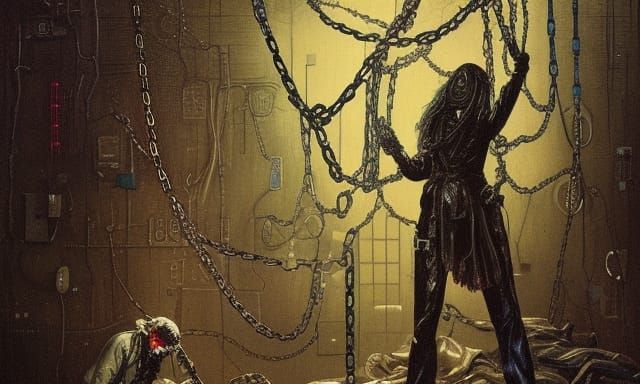 Cyberpunk Undead Lunatic in Asylum: Detailed Gouache Illustr...