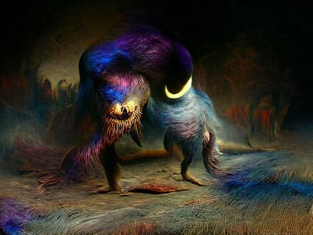 Bipedal Gray Monster with Purple Tail, in Dark Fantasy Style