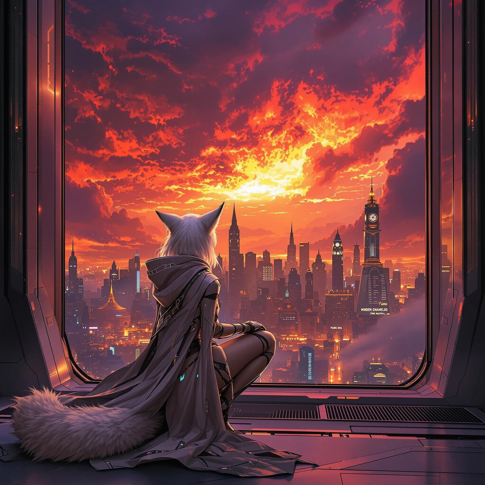 Futuristic Fox Girl Hunts Amidst Crimson Cityscape