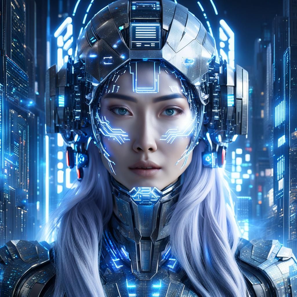 Hologram Woman in Futuristic City, Digital Art