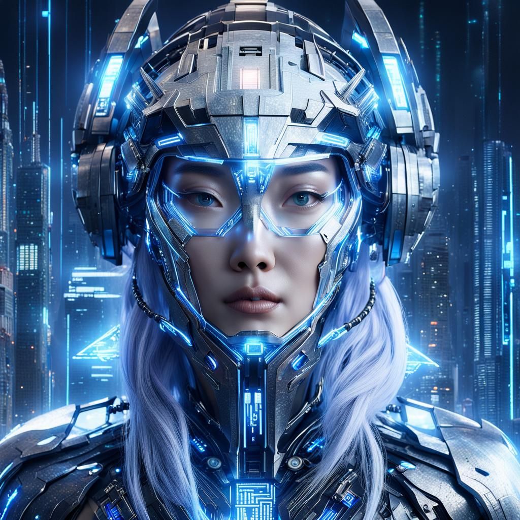 Holographic Asian Woman in Futuristic Cityscape