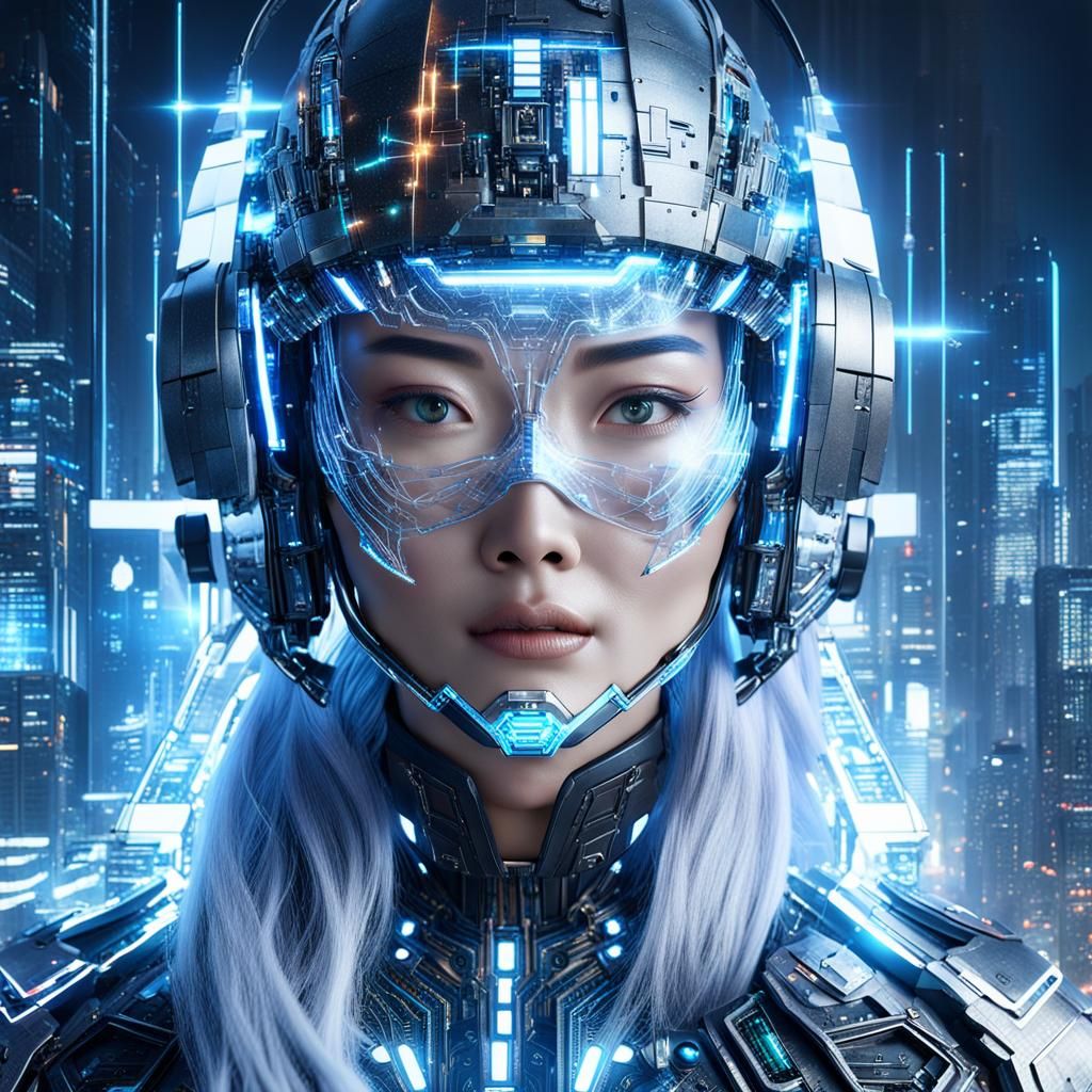 Holographic Asian Woman in Futuristic Cityscape