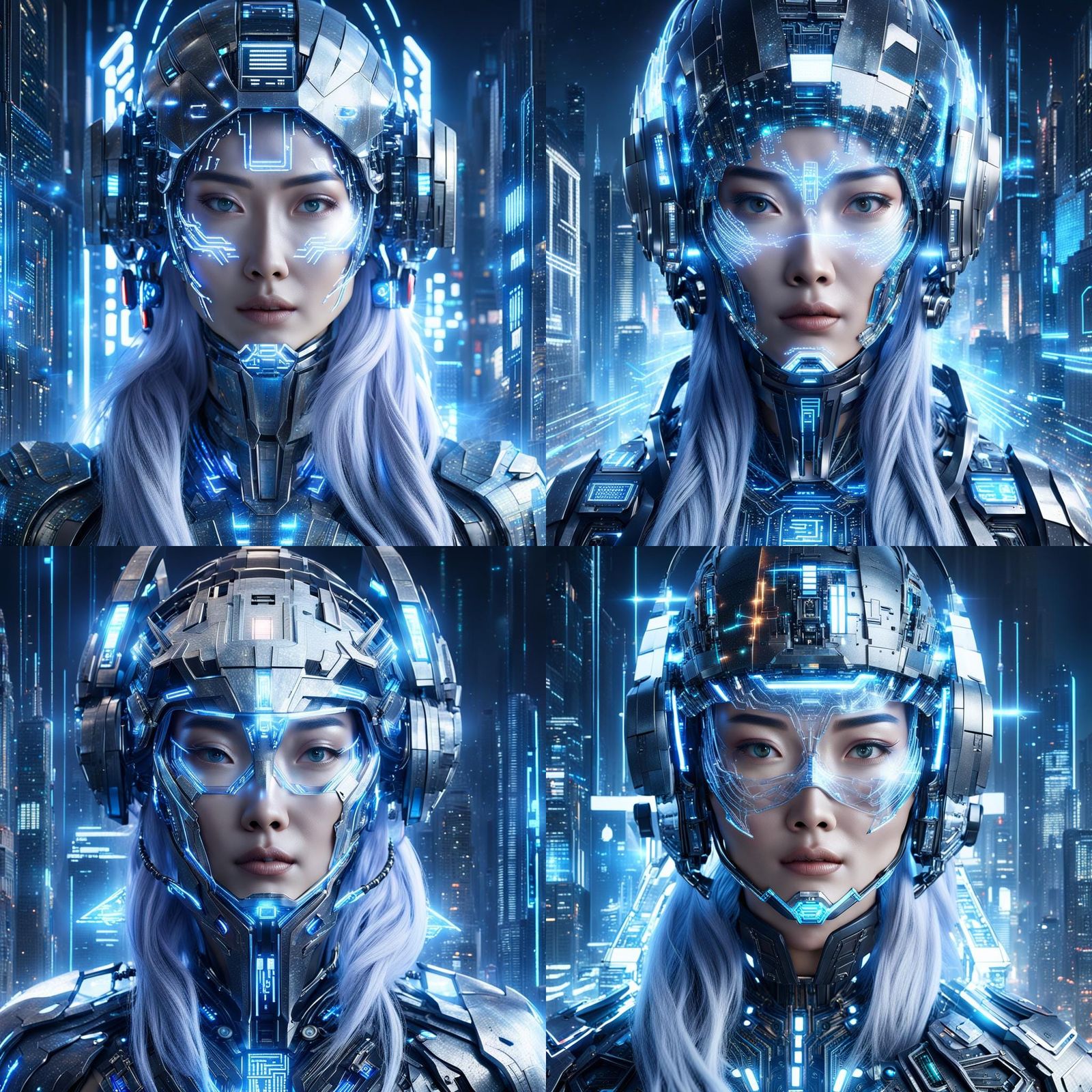 Holographic Asian Woman in Futuristic Cityscape