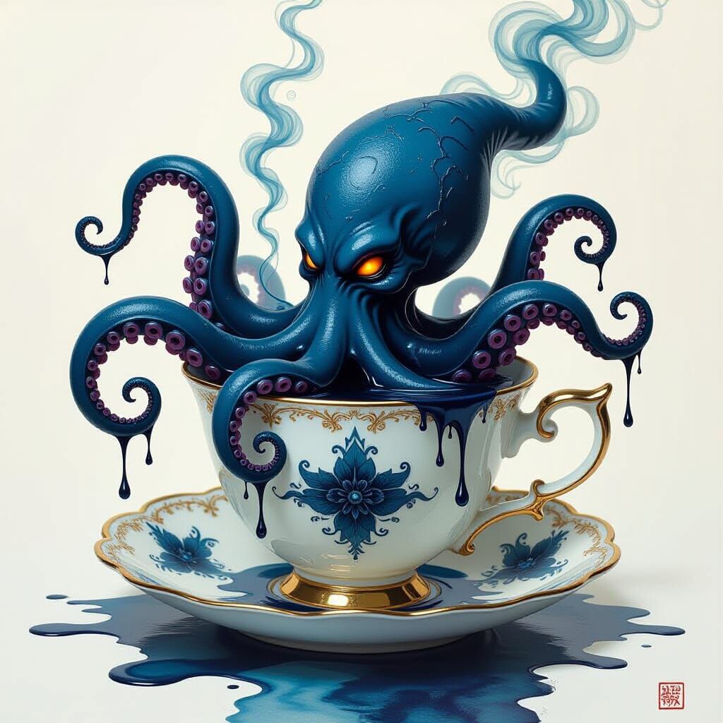 Ink Kraken Rises From Teacup in Dark Fantasy Style