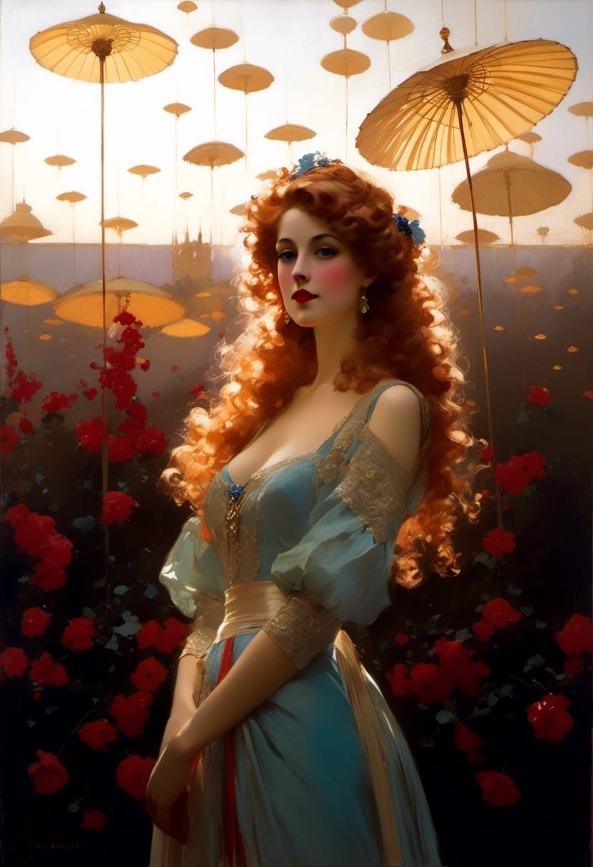 Victorian Woman in Blue, in Style of Edward Cucuel