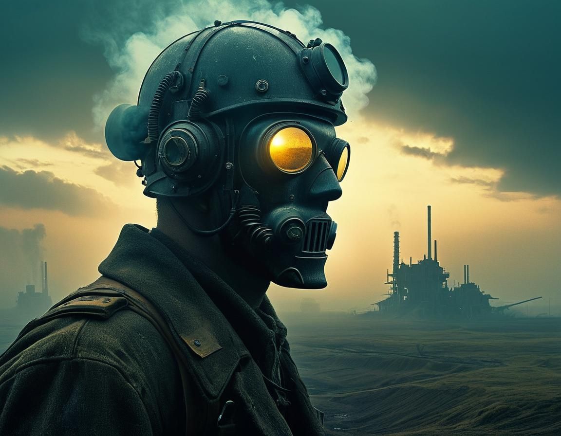 Dieselpunk Protagonist in Retrofuturistic Dystopian Landscap...