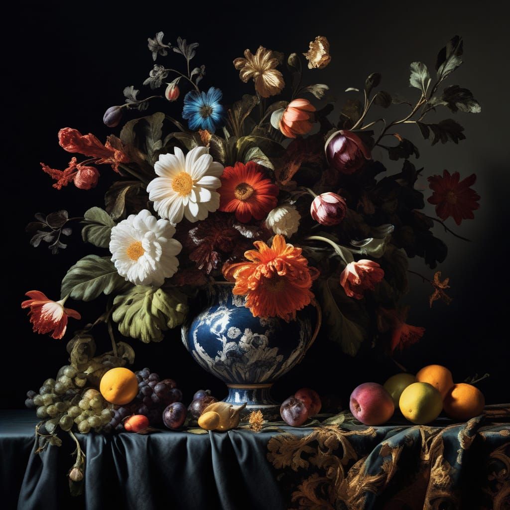 Baroque Still Life of Ornate Flowers, Dramatic Lighting