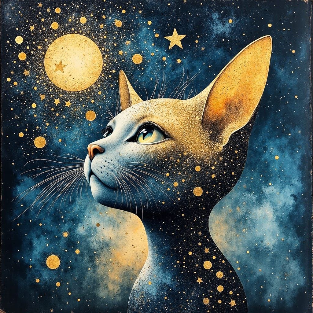 Surreal Cat Portrait with Night Sky Collage