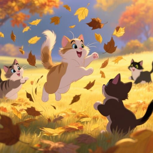 Fluffy Kittens Play in Autumn Leaves: Disney Animation Style