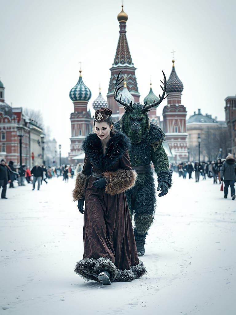Wintry Red Square Protector: Woman and Forest Demon
