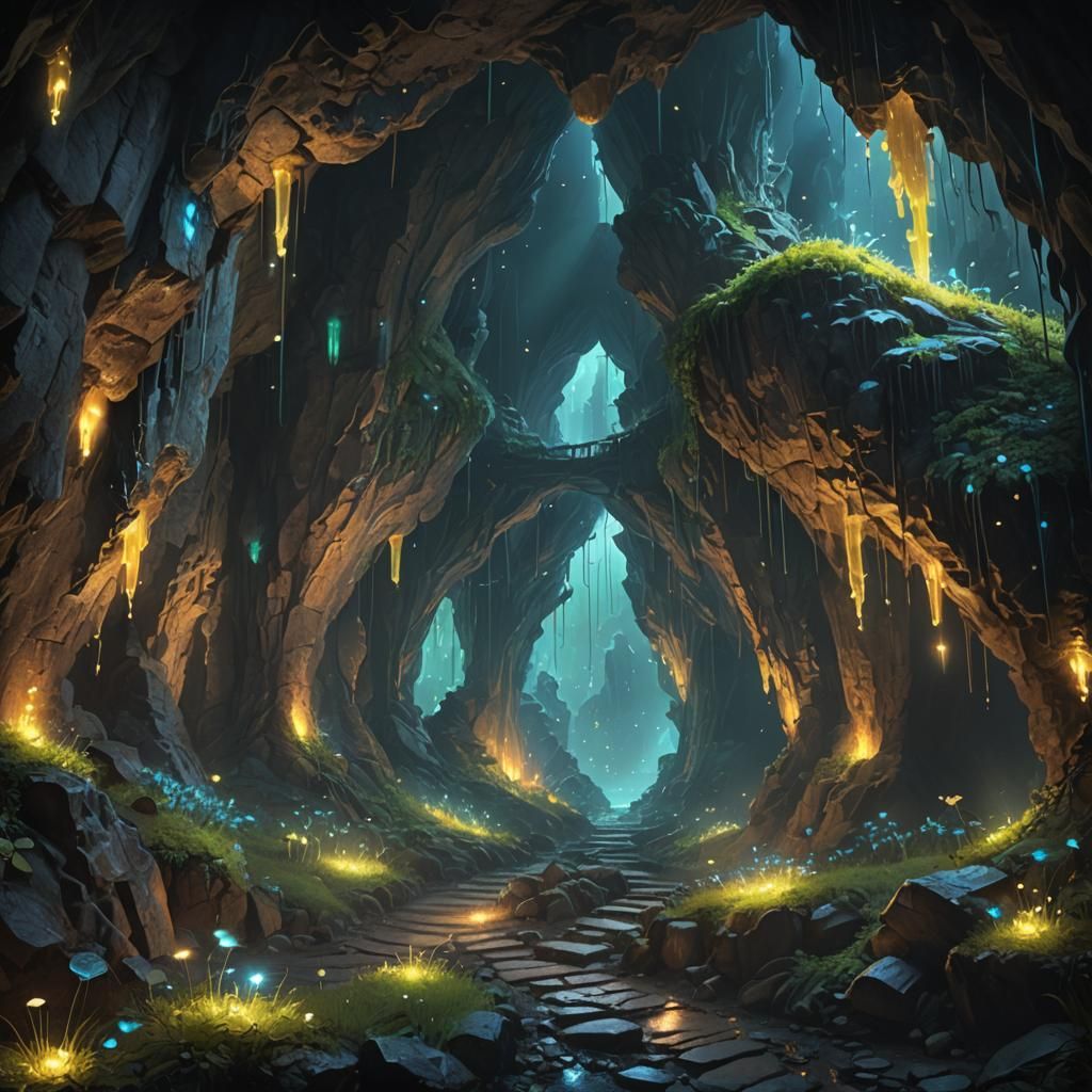 fireflies path in big castle inside a cave with glow worms as light glowing blue dots throughout the dark cave; iridesce...