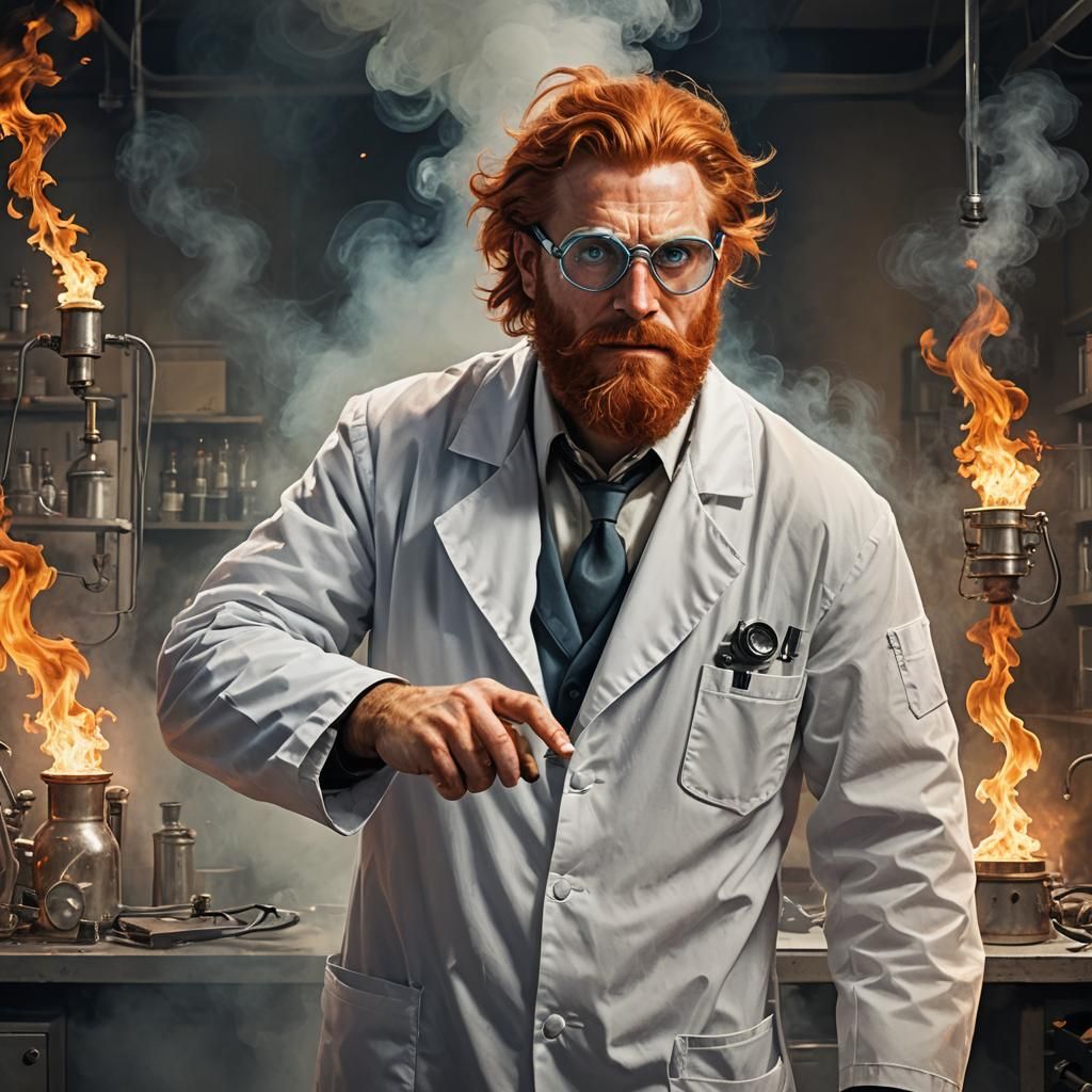Ginger Mad Scientist in Burning Lab Coat