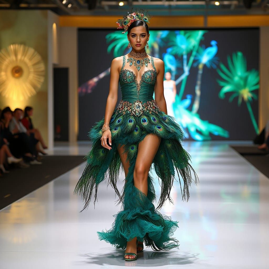 Glamorous Latina Runway Model in Tropical Futurist Ensemble