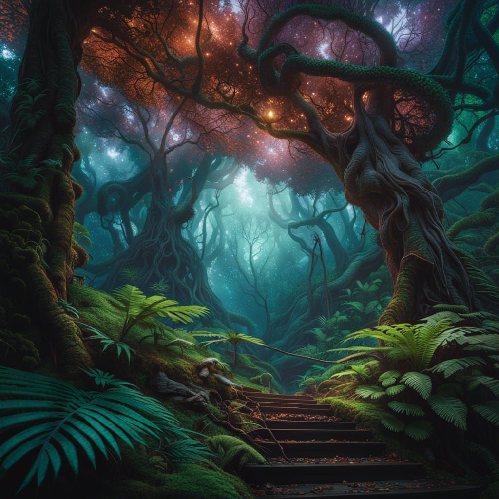 Detailed Rainforest Canopy with Rusted Tower