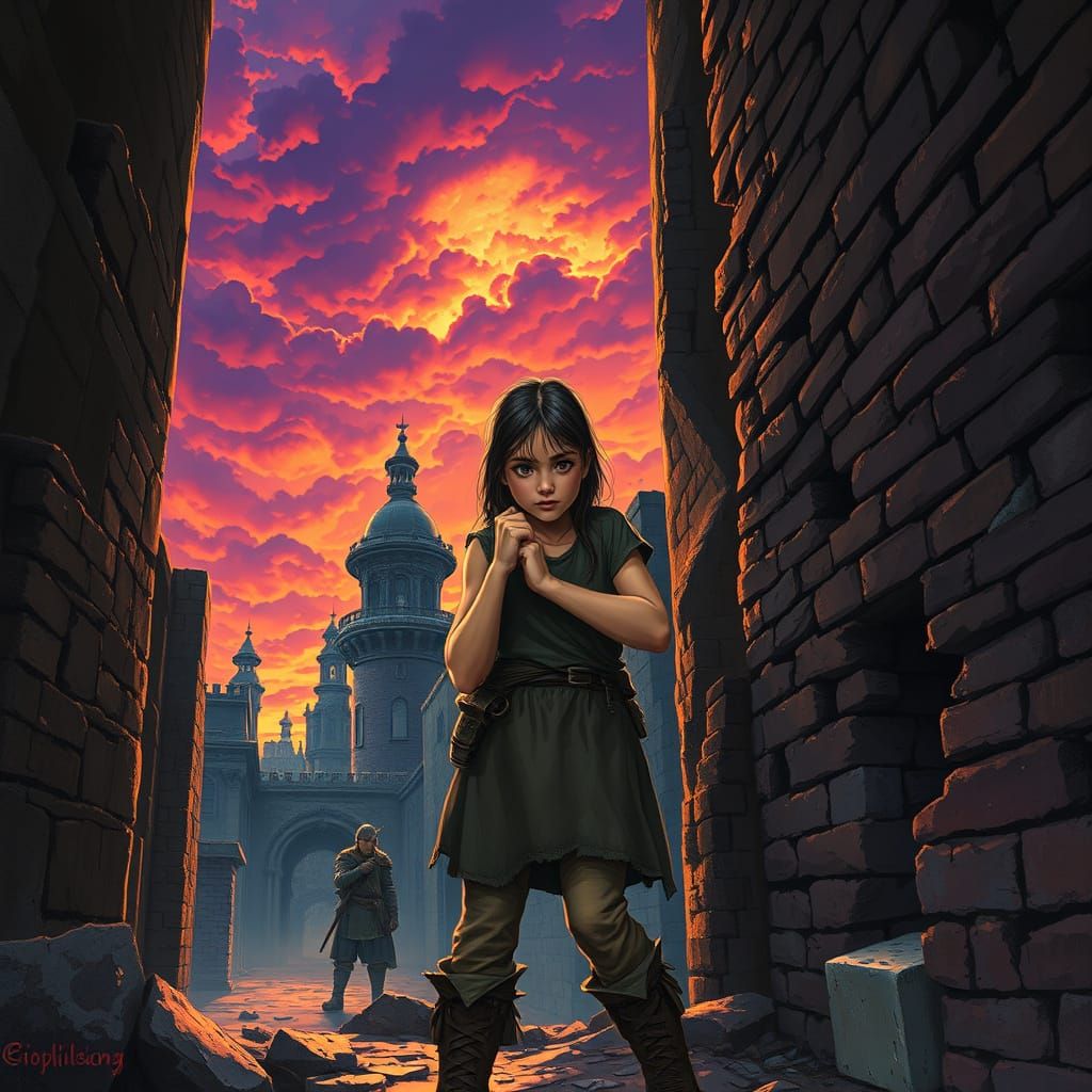Young Girl Stands Defiant in a Gritty Sunset Alleyway