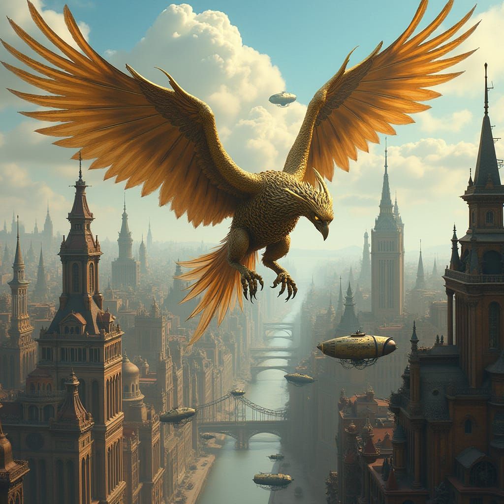 Steampunk Griffin Soaring Over Metropolis