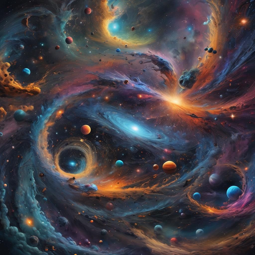 Cosmic Surrealism: Swirling Galaxies in Triadic Colors